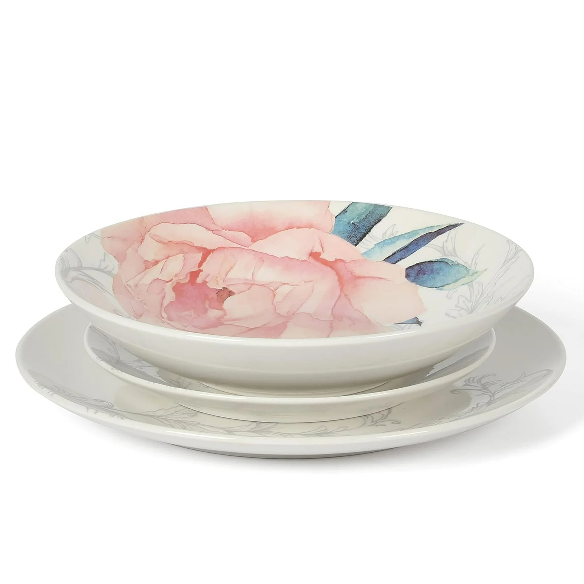 Martha Stewart Everyday Peony 12 Piece Round Fine Ceramic Dinnerware Set in White and Pink Martha Stewart Everyday Peony 12 Piece Round Fine Ceramic Dinnerware Set in White and Pink